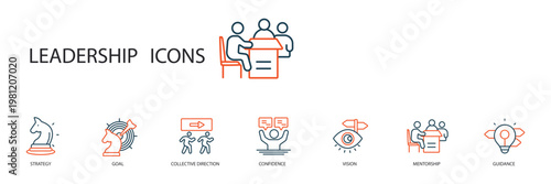 leadership icons set outline and Flat Style,transparent background