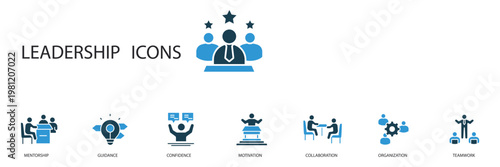 leadership icons set outline and Flat Style,transparent background