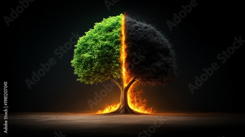 Destructive fire meets nurturing growth a dichotomy of nature forest digital art dark environment close-up environmental contrast