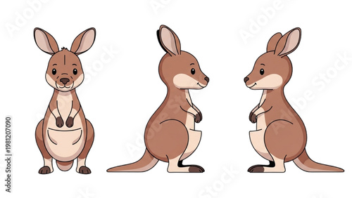 Cute Kangaroo Character Vector Set in Multiple Angles Minimal Flat Illustration Isolated on White