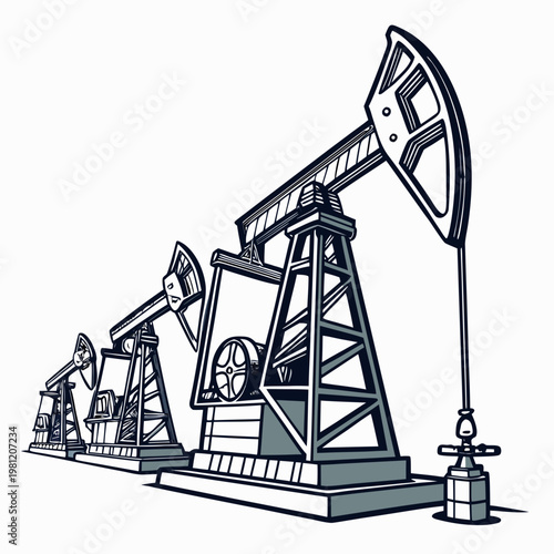 An illustration depicts three vintage oil pumps in a row showcasing a historical method of petroleum extraction and industrial technology high quality