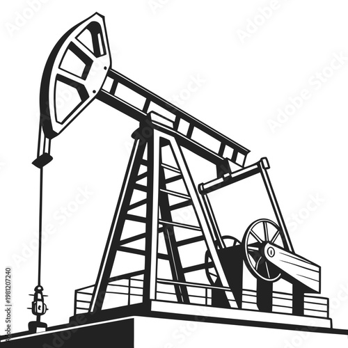 A detailed black and white illustration depicts a classic oil pump commonly known as a rocking horse in a simplistic style