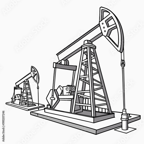 A black and white illustration depicts two oil pumps also known as nodding donkeys extracting resources from the ground high quality professional