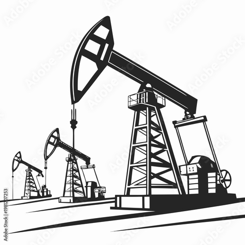 A black and white illustration depicts several oil pumps commonly known as nodding donkeys extracting resources from the earth high quality professional
