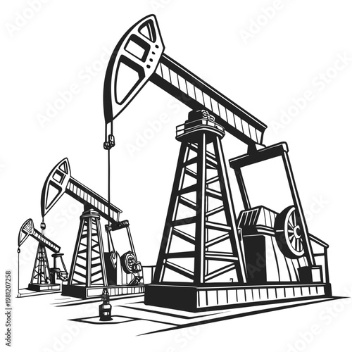 A black and white illustration depicts two oil pumps known as nodding donkeys extracting crude oil from the earth s surface
