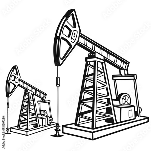A black and white illustration depicts two oil pumps also known as nodding donkeys extracting resources from the ground high quality professional