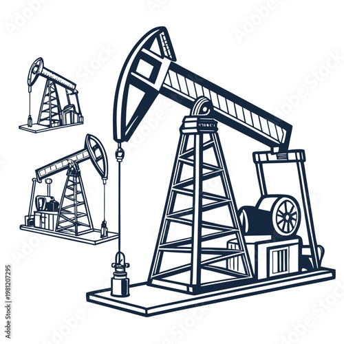 A vintage style illustration depicts three oil pumps showcasing the machinery involved in extracting petroleum from the earth high quality professional detailed
