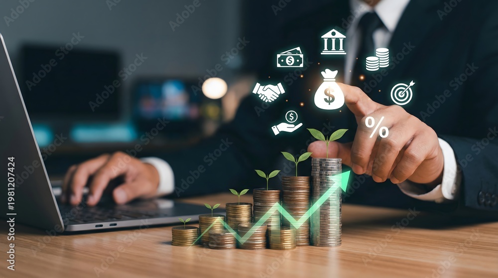 Naklejka premium Businessman interacts with growing coin stacks and financial icons, symbolizing successful investment and wealth management.