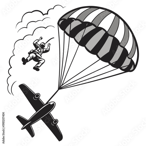 A vintage style illustration depicts a parachutist descending from an airplane surrounded by swirling clouds and dynamic lines high quality professional detailed