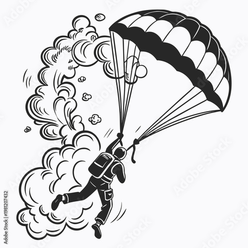 A black and white illustration depicts a skydiver descending with a billowing parachute surrounded by dynamic cloud like shapes high quality professional