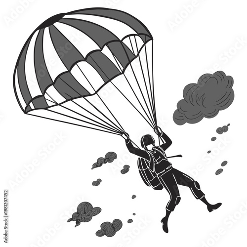 A black and white illustration depicts a skydiver descending with a striped parachute amidst fluffy clouds and trailing smoke high quality professional
