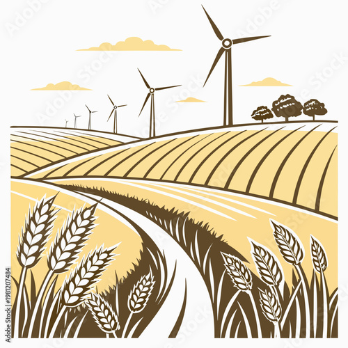 Canvas-taulu A stylized illustration depicts a rural landscape featuring wind turbines golden