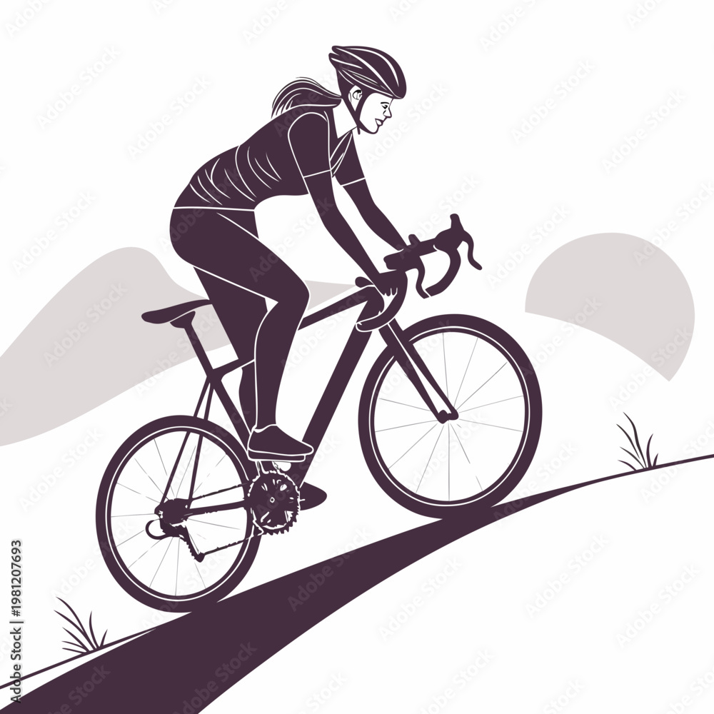 Obraz premium A stylized illustration depicts a female cyclist intensely riding a road bike uphill showcasing athletic determination and focused movement high quality professional