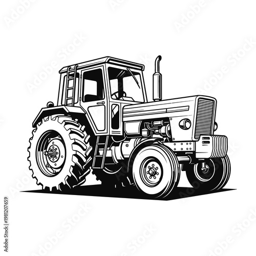 Agricultural Tractor Heavy Machinery for Farming and Cultivation Black and White Line Art Style