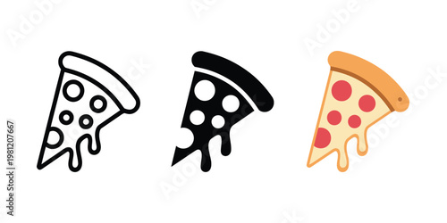 Pizza slice icon pepperoni salami vector illustration pizzeria logo fast food symbol three style set isolated design elements