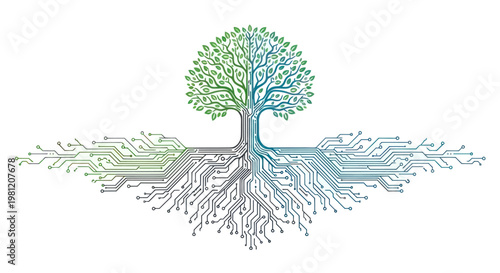 Digital tree with circuit board roots symbolizing nature and technology integration.