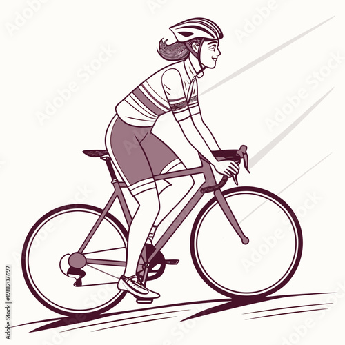 A stylized illustration depicts a female cyclist in motion powerfully pedaling a road bike with determination and focus high quality professional detailed