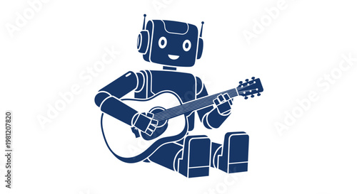 Cute robot sitting and playing acoustic guitar illustration