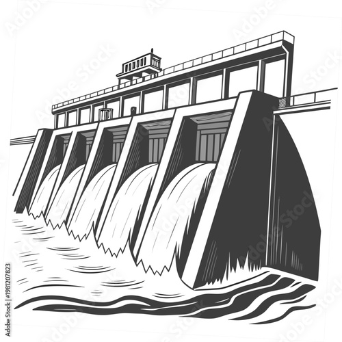 A detailed sketch depicts a concrete dam structure with multiple spillways releasing a substantial volume of water showcasing engineering high quality professional