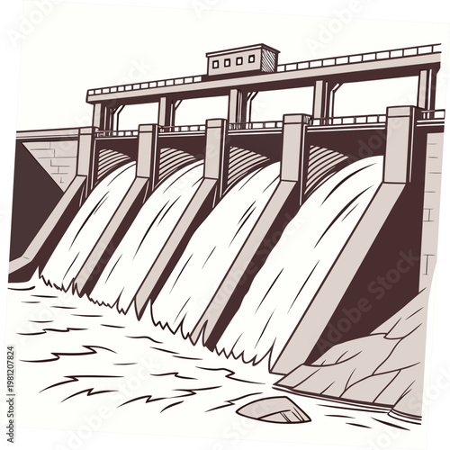 A detailed line drawing depicts a concrete dam structure with flowing water cascading through multiple spillways showcasing engineering high quality professional modern