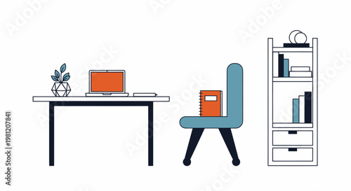 Minimalist home office setup with desk, chair, and bookcase.