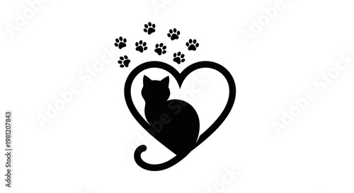 Silhouette of a cat inside a heart with paw prints above