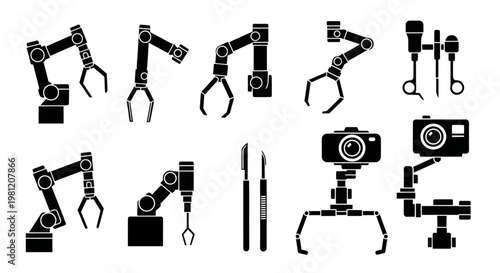 Set of robotic arms and medical instruments silhouettes