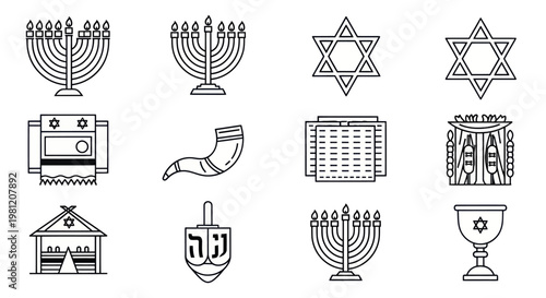 Collection of Jewish religious icons and holiday symbols in line art style