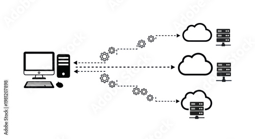 Cloud computing network diagram with computer and servers