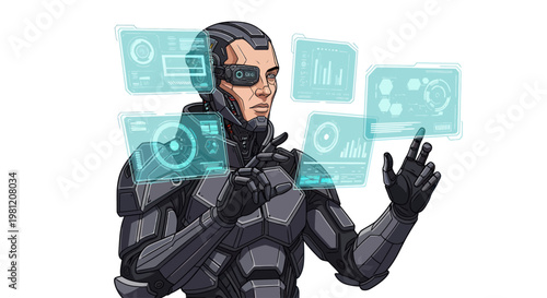 Cyborg soldier interacting with holographic data interface displays on white background