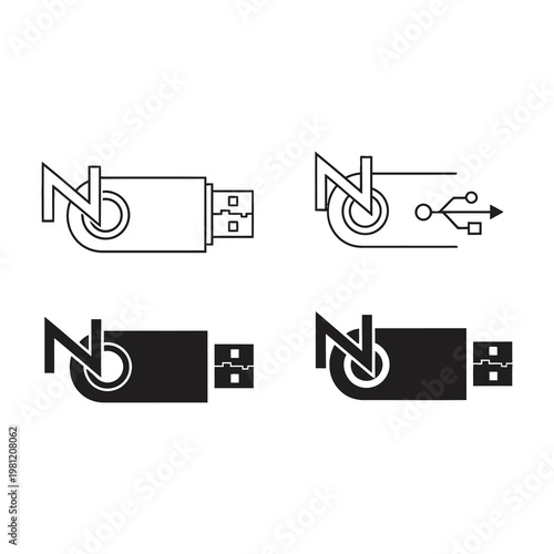 USB Flash Drive Icons Set with Letter N Branding Design in Minimalist Outline and Solid Styles