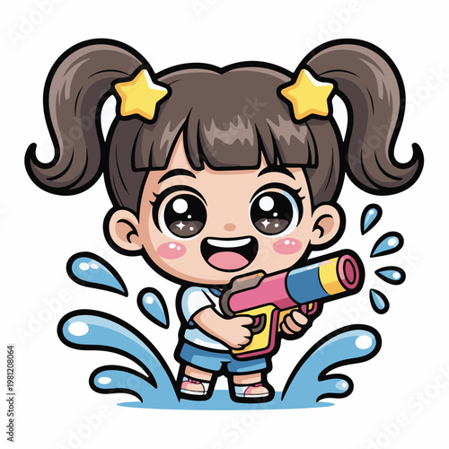 Cute cartoon girl playing with colorful water gun on a hot summer day outdoors