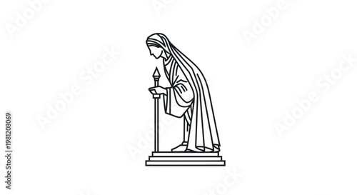 Minimalist line art illustration of an ancient female warrior holding a staff