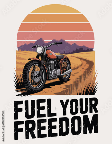 Vintage motorcycle on a dirt road with sunset and mountains