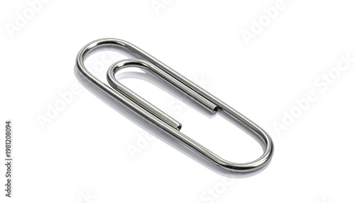 Silver paperclip on white. Simple, curved lines, metallic sheen, and subtle shadow. Office supply staple, clean & minimal