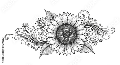 Detailed black and white illustration of a sunflower with decorative elements