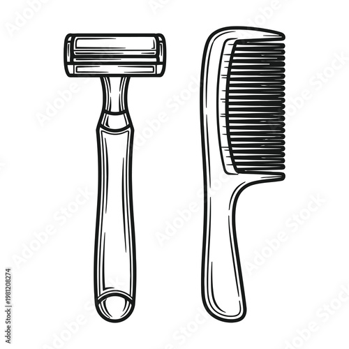Razor and Hair Comb Set Hand Drawn Style Black and White Sketch for Barber Shop Design Elements