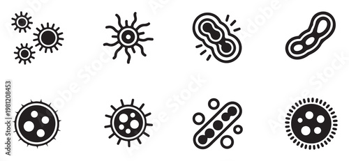 Collection of Bacteria and Virus Icons in Flat Black and White Style