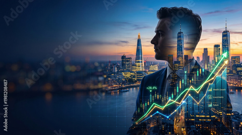High level planning for financial growth in city skyline with upward chart and business profile