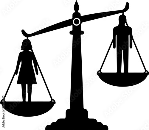 Balance scale with male and female figures signifies gender equality and justice.