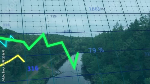 Centered river corridor receiving monitoring feed, showing animated grid, green line and labels