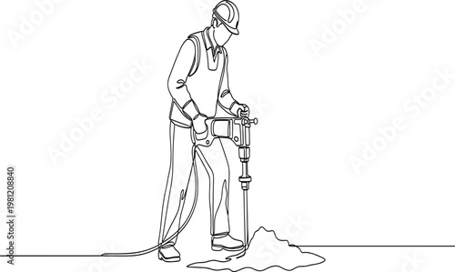 Continuous one line drawing construction worker using pneumatic drill breaking asphalt road construction concept vector illustration