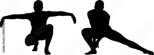 Fitness exercise silhouettes set, stretching and squatting poses, workout training vector illustration collection desig