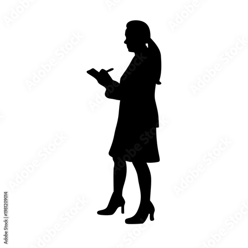 Business woman silhouette writing on clipboard illustration isolated on white background
