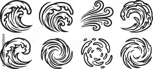 Black and white line art collection of eight distinct shell illustrations Vector