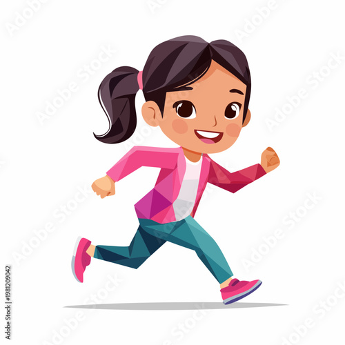 Energetic young girl in pink jacket and teal pants running happily, illustrating childhood joy and active play