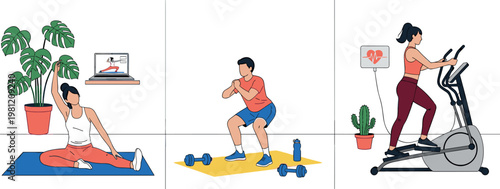 Home workout vector set with yoga stretching squats and cardio exercise routines healthy fitness lifestyle illustration