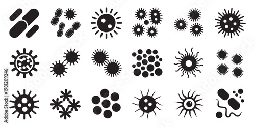 Collection of black and white bacteria and virus icons on white background