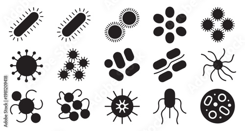 Various bacteria and virus shapes in black silhouette icons