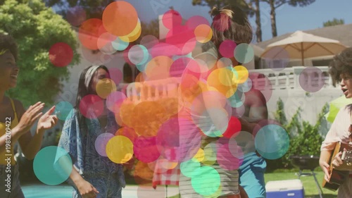 Five adults dancing near pool, guitar starting colorful overlays expanding, layering for marketing